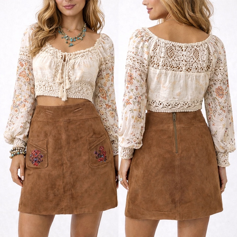 BLANC NOIR Suede Leather Boho Mini Skirt Embroidered Pockets Lined Brown Size S